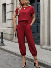 Women Solid Color Short Sleeve & Drawstring Jogger Pants 2-Piece Set